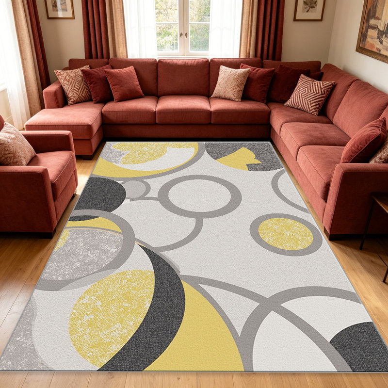 Abstract Circles Grey Yellow carpet-easy to clean, machine-washable, soft and comfortable; suitable for door mats, kitchens, living rooms, bedrooms, corridors, and laundry areas. Easy to clean, durable carpet for home decoration.