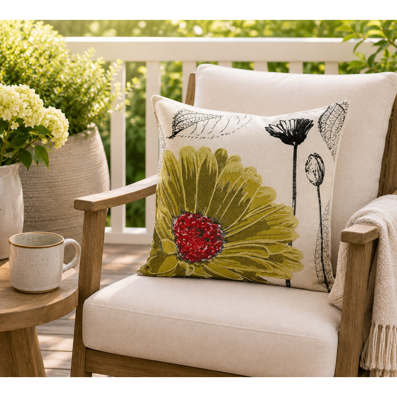  Housse et insert de coussin carré brodé de fleurs, Jaune