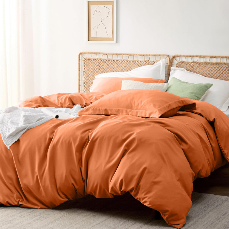 Onorino Luxury 4-Piece Dyed Duvet Set with Pillowcases or Fitted sheet (4 in 1), King Duvet Cover Set, Orange