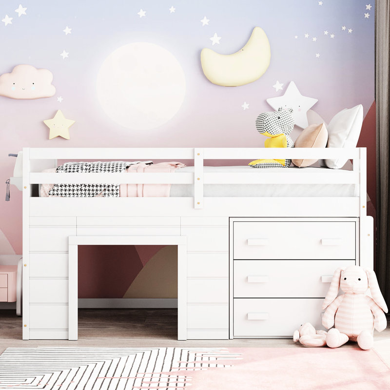 Lit mezzanine simple blanc avec structure en bois massif, armoire et tablette, Blanc