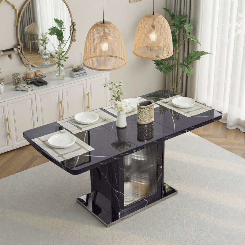 Table de salle à manger rectangulaire moderne de 47,24 à 63 po, extensible, avec plateau en marbre noir imprimé et pieds de table de rangement avec base en métal