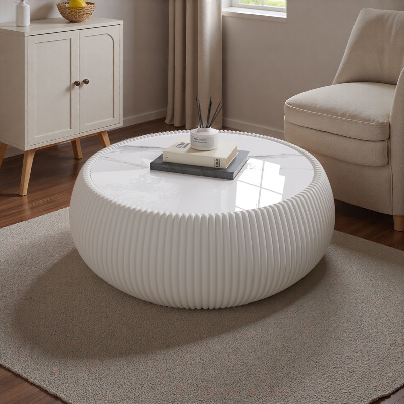 Light Marble Top Drum Shape Leather Coffee Modern Sofa Table For Living Room Furniture, Beige