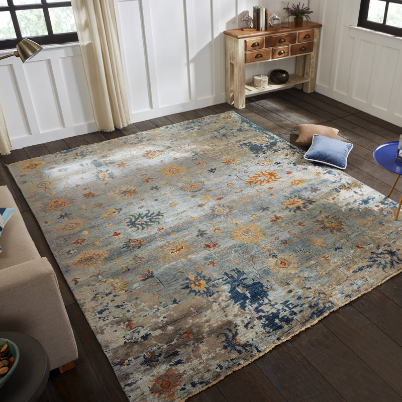 Tapis noué à la main à motif de pétales bruns, Rectangle 12 pi x 15 pi