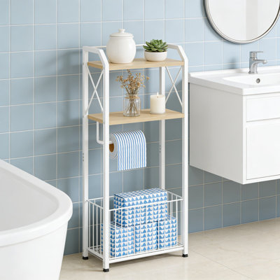 Porte-papier hygiénique autoportant à 4 niveaux avec tablettes en bois et grand panier, support de papier hygiénique pour salle de lavage, appartement, sans perçage