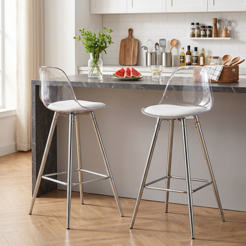 Breion Modern Transparent Bar Stools with Faux Leather Seat and Metal Legs ( Set of 2), Silver