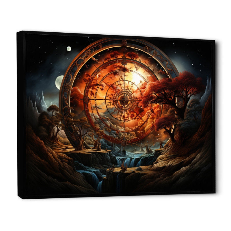 Roue de l'art bouddhiste orange - impression, Cadre flottant noir, H 34 po x l 44 po x P 1,5 po