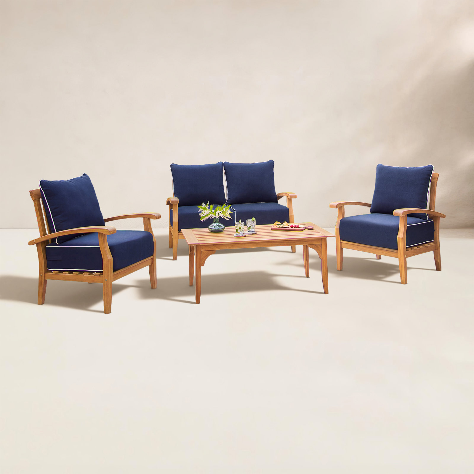 Summerton 4-Person Patio Seating Group, Navy White Piping