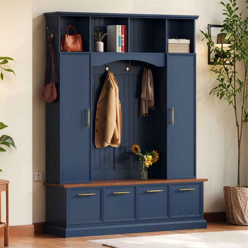Hall Tree 59.03" Wide With Bench And Storage, Blue