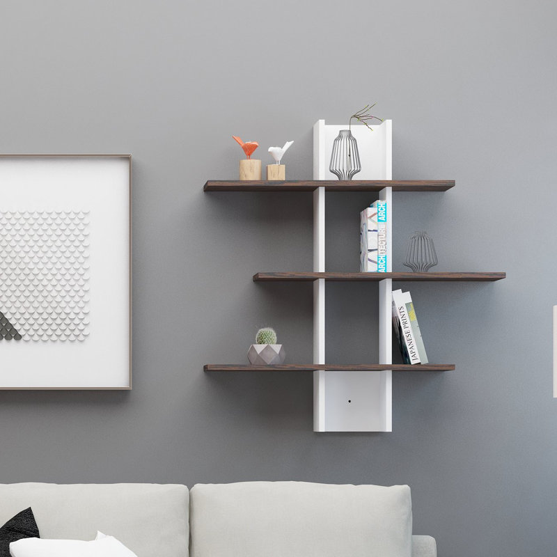 Tablette décorative 3 pièces avec tablettes réglables Abdalmalik, Blanc / wengé