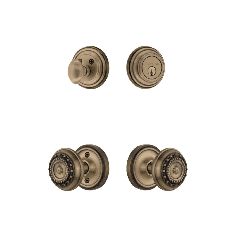 Nostalgic Warehouse Classic Rosette Entry Set with Meadows Knob, Antique Brass, 2.75