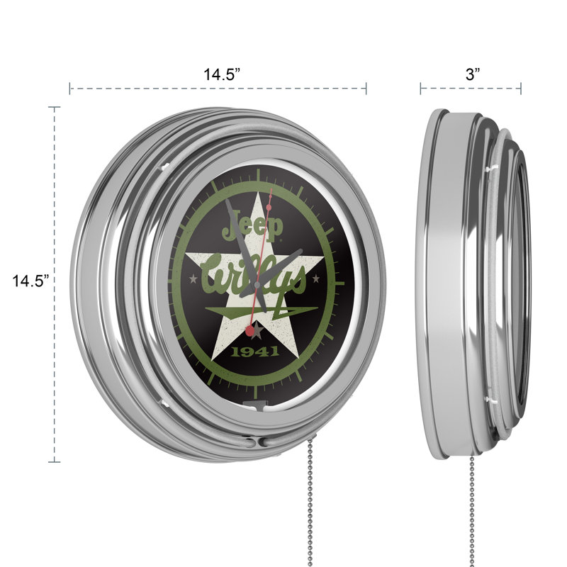 Jeep Willys 1941 Retro Neon Wall Clock, Blanc/vert