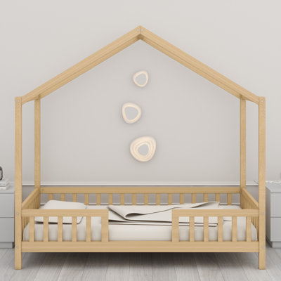 Safe Kids House Shape Bed Frame, Montessori Floor Bed with Canopy & High Railings