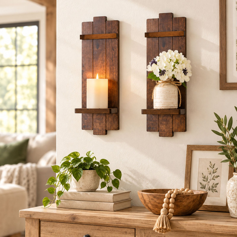 Applique murale 2 pièces en bois brun patiné pour cheminée et décoration intérieure