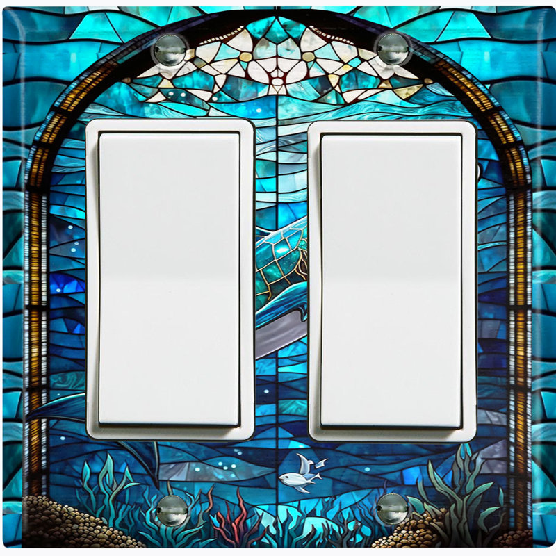 White Shark Blue Glass Art Print Copper Rust Patina Teal Print 2 - Gang Toggle Light Switch Standard Wall Plate