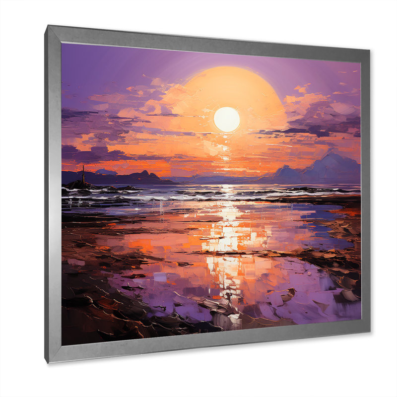 Jaune et mauve, océan, coucher de soleil, étreinte II, Cadre simple argenté, H 36 po x l 36 po x P 1,5 po