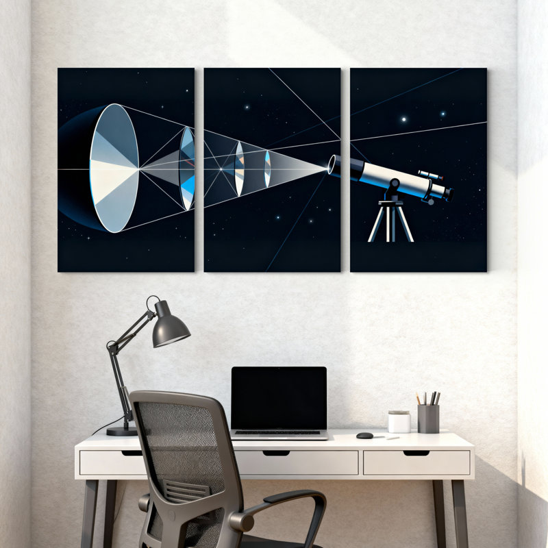 «Telescope Optics», ensemble de 3 reproductions d'art sur toile tendue sur toile pour la décoration de bureau ou de classe