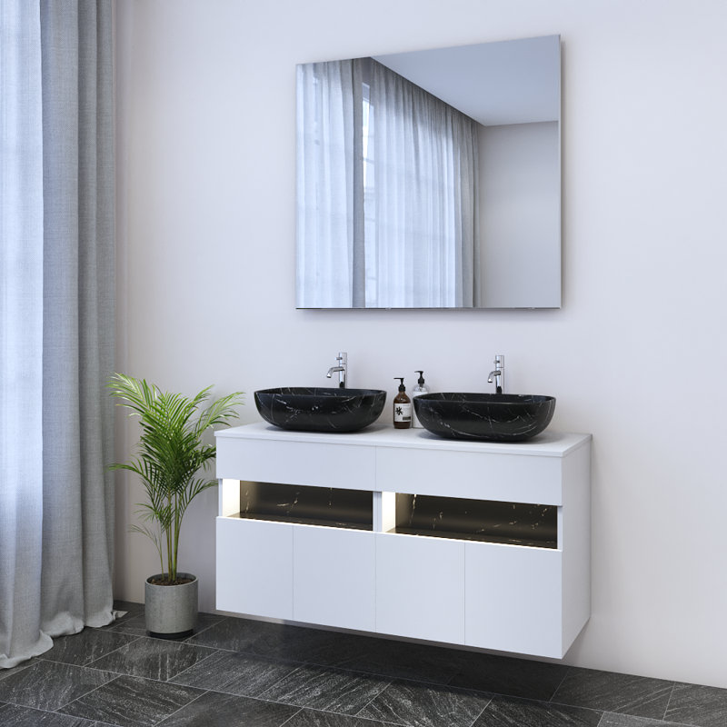 Meuble-lavabo double 47,2 po avec comptoir Lieke, Noir, Blanc