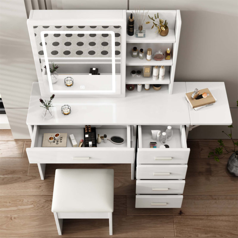 Bureau de coiffeuse élégant avec miroir, lumières DEL réglables et multiples options de rangement pour le maquillage et l'organisation