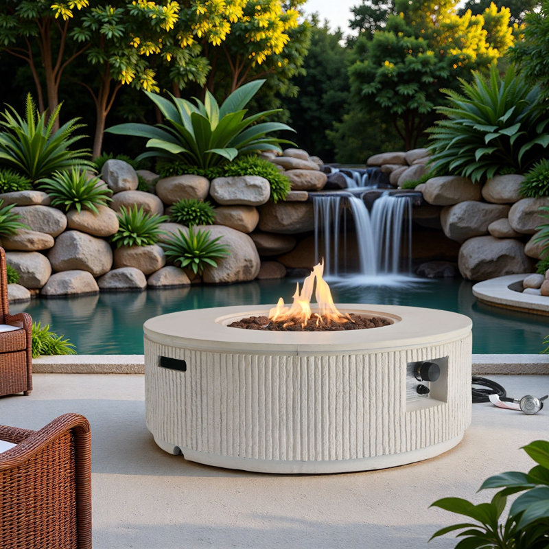 Mgo Propane Outdoor Round Fire Pit With Vertical Stripe Design, Steel Burner, Adjustable Flame Control, Lava Rocks And Rain Cover