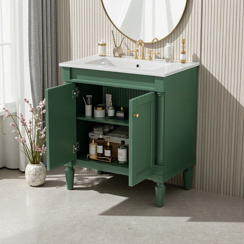 Meuble-lavabo de 30 pouces avec lavabo en céramique et portes à fermeture douce, Vert