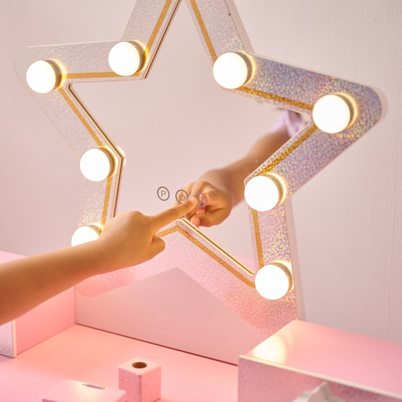 Teamson Kids Little Princess Star 2-pc. Wooden Vanity Table & Stool with LED Mirror, Storage Drawer & Organizer Bins