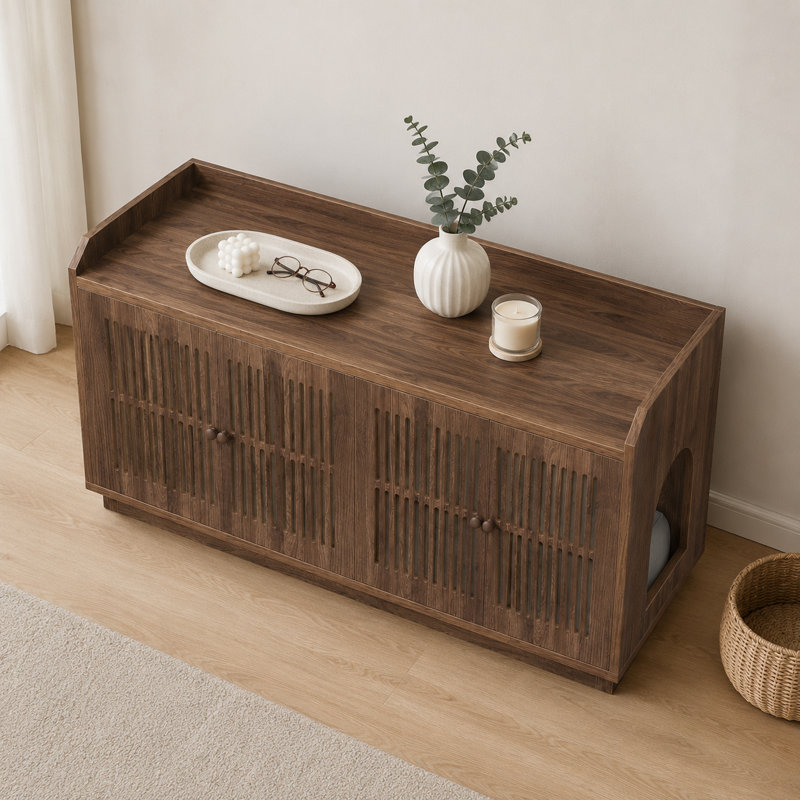 Enceinte extra-longue à double fonction pour litière pour chat, entrée latérale cachée avec rangement, toilette pour chat en bois