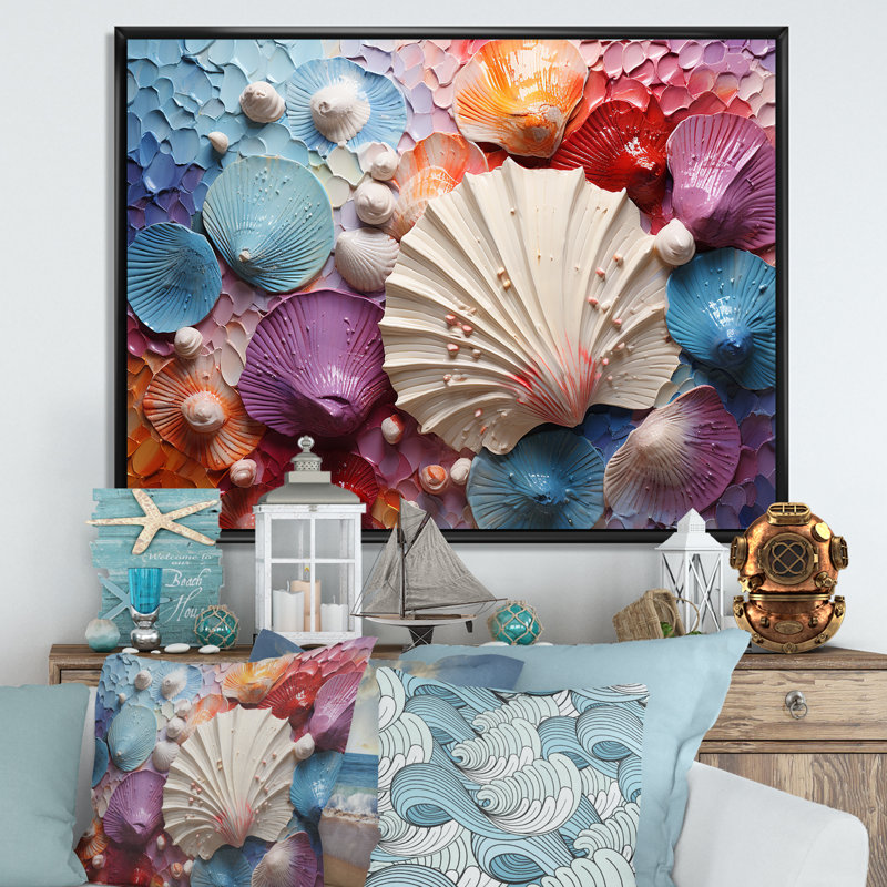 Coquillage côtier tranquillité sur toile, H 16 po x l 32 po x P 1 po, Cadre flottant noir