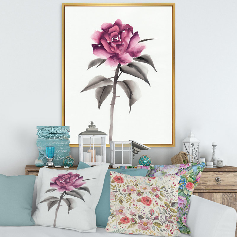 Fleur rose rétro - peinture sur toile, Toile encadrée d'or, H 40 po x l 30 po x P 1 po