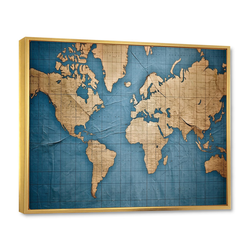 Ancienne carte du monde VII, reproduction d'art sur toile, Cadre flottant doré, H 24 po x l 32 po x P 1 po