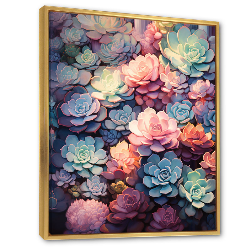 «Kouklia Colorful Succulents Dreams On», reproduction sur toile, H 20 po x l 12 po x P 1 po, Cadre flottant doré
