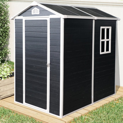 Remise de rangement pour l'extérieur en plastique noir 4 pi x 6 po avec plancher, panneaux en résine renforcée de métal, bouches d'aération, fenêtre latérale, porte simple verrouillable pour les articles de jardin, structure à parois multiples rob
