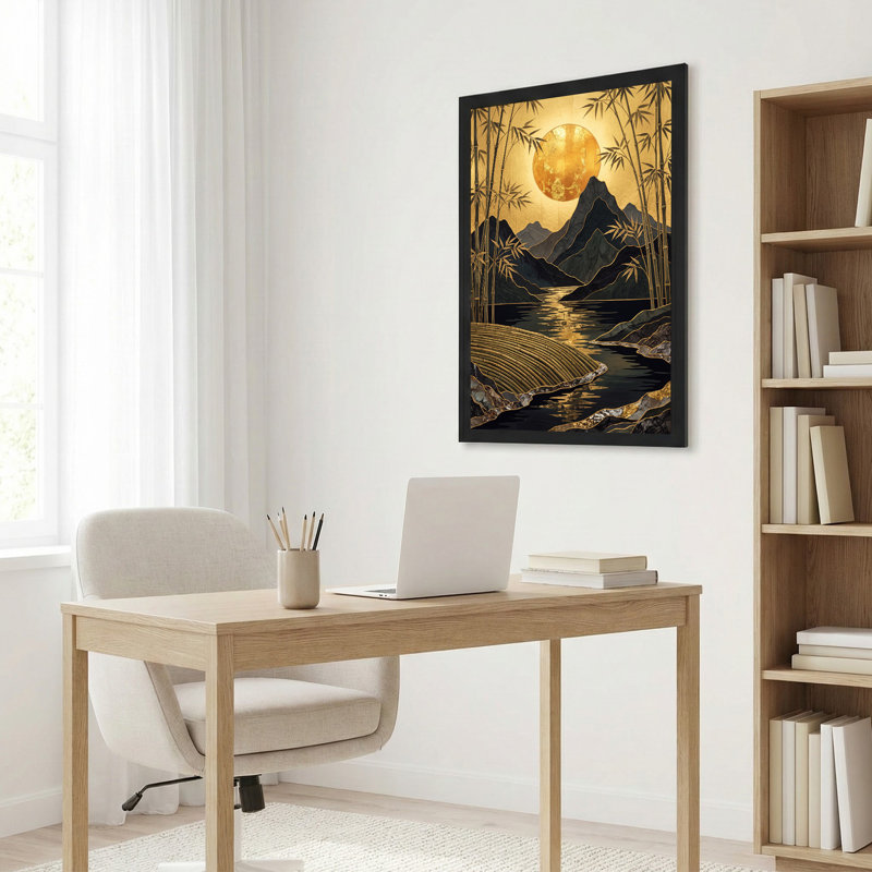 Toile dorée sur les montagnes noires et bambou, 36"H x 24"W