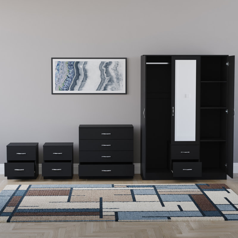 Tayce 4 Piece Bedroom Set (2 Drawer Bedside Chest, 4 Drawer Chest, 3 Door 2 Drawer Mirrored Wardrobe), Black