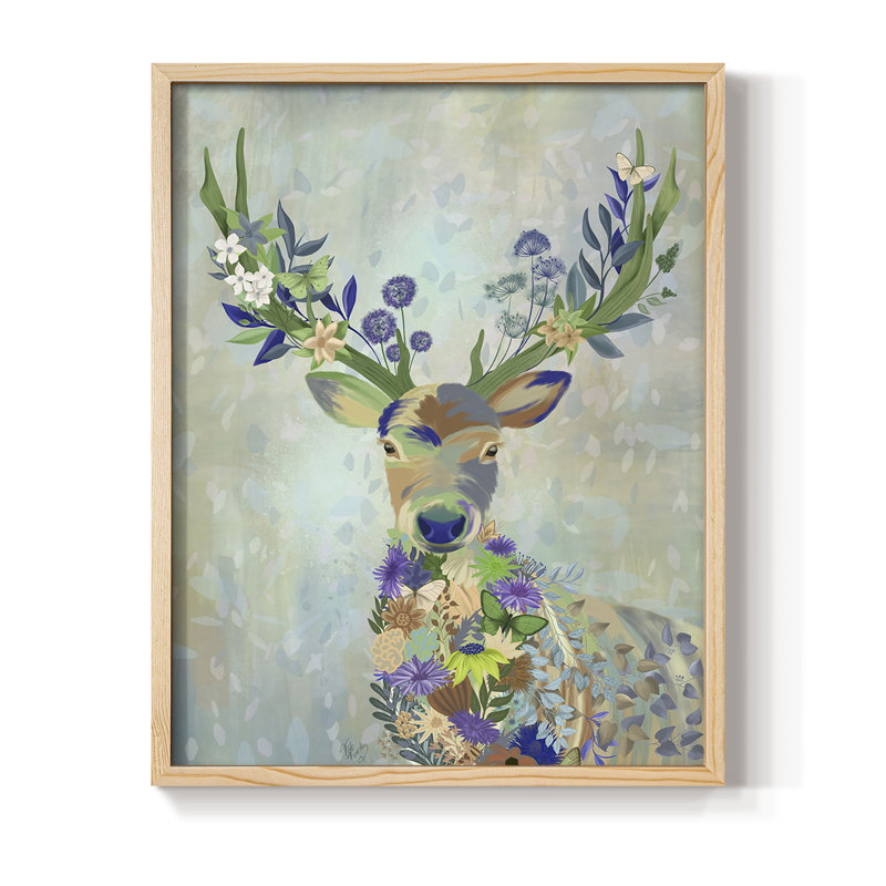 Fantastic Florals Deer, Portrait, reproduction encadrée - bois massif, Naturel, H 11 po x l 9 po