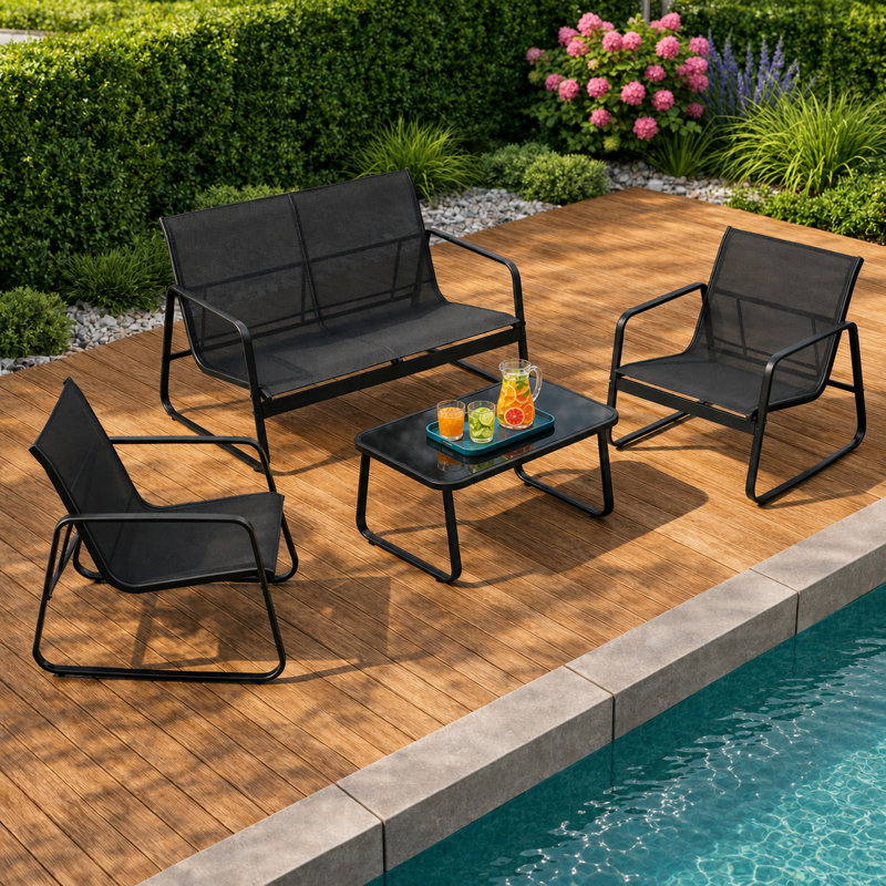 Kameliya 4-Piece Outdoor Patio Conversation Set with Loveseat, 2 Sling Lounge Chairs & Coffee Table, Black