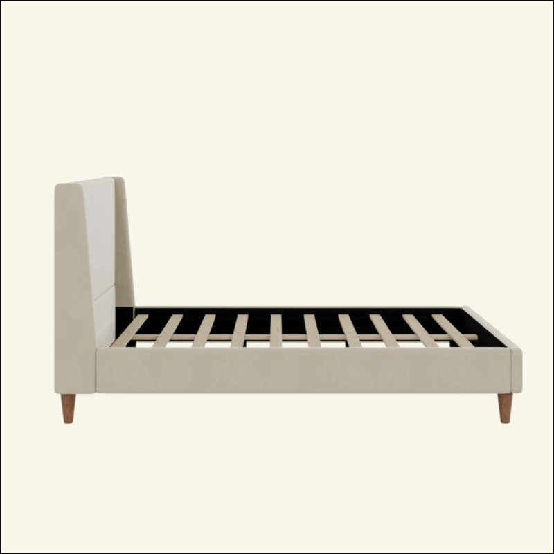 Lit plateforme tapissier en velours moderne avec tête de lit à oreilles et pieds en bois, sans sommier tapissier, Beige