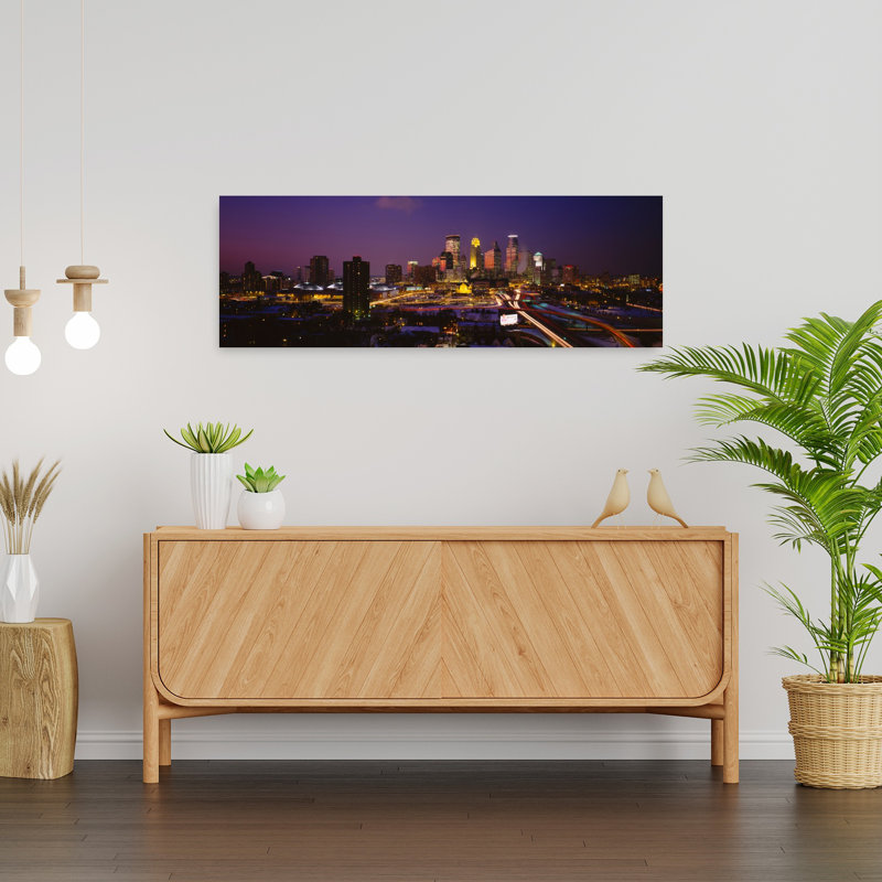 Skyscrapers lit up at dusk Minneapolis Minnesota USA 1 Piece Wrapped Canvas Panoramic Wall Art, 30.48 cm H x 91.44 cm W