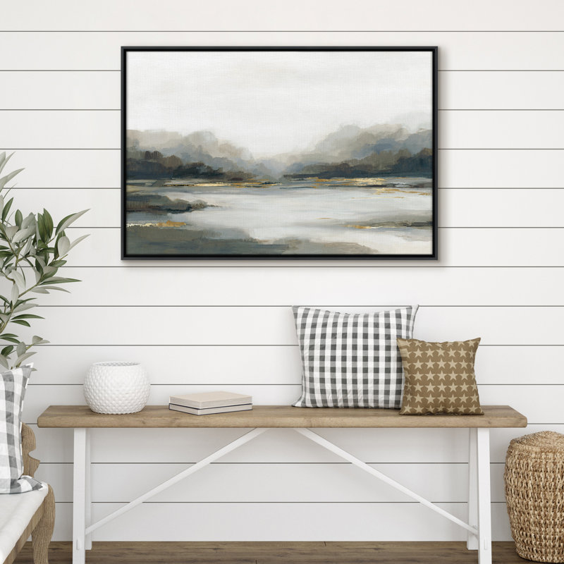 Art mural 24 x 36 sur toile avec feuille d'or - Gris, noir, blanc et bleu - Art mural paysage de montagne, 24 po x 36 po