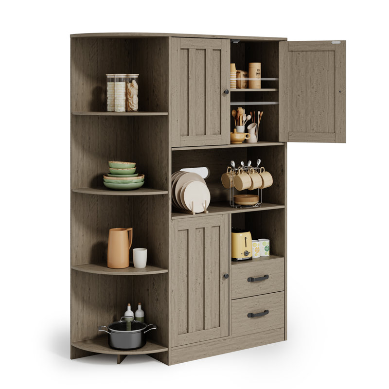 Kitchen Pantry with Microwave Shelf, 6-Tier Circular Rack, 2 Drawers & 2 Storage Cabinets for Kitchen or Living Room, Gray