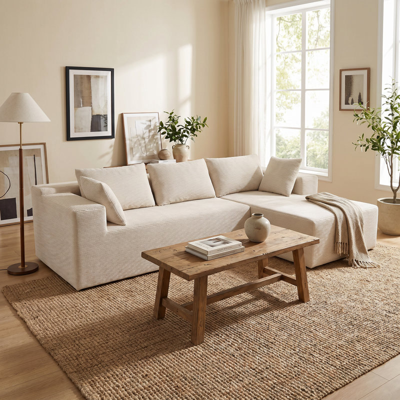 Canapé modulaire en L beige en velours côtelé, canapé 2 pièces moderne minimaliste avec coussins décoratifs