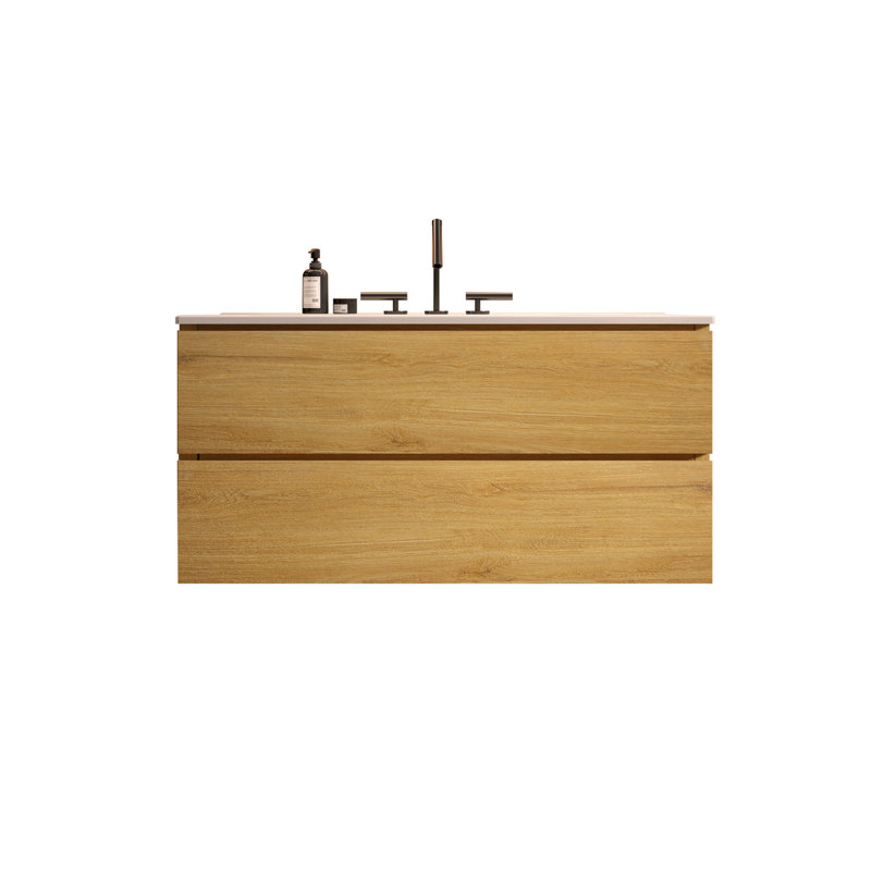 Meuble-lavabo mural 36 po en chêne avec lavabo en céramique et trois trous de robinet, grand meuble-lavabo flottant