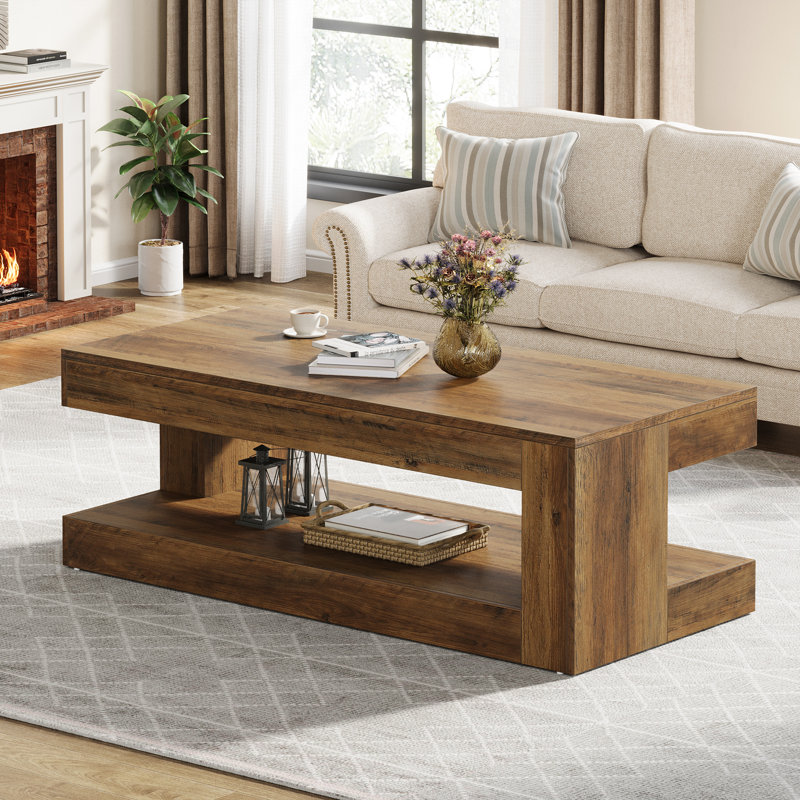 47.24'' Rectangular Coffee Table For Living Room, Farmhouse 2-tier Accent Center Tea Cocktail Table With Storage