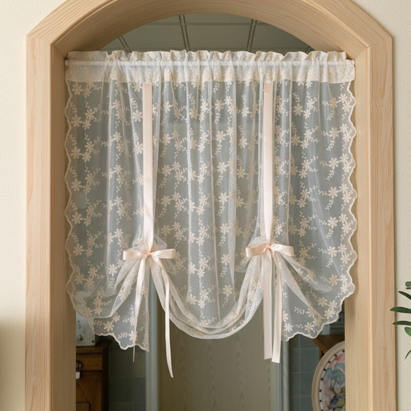 Rideau en dentelle brodée à 1 panneau, fenêtre à dentelle avec passe-tringle avec passe-tringle simple et motif floral pour le décor de la cuisine et de la maison, l 125 po x H 150 cm
