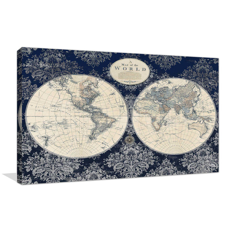 Carte bleue du monde par Elizabeth Medley - impression d'art graphique, H 18 po x l 30 po x P 1 po, Toile tendue