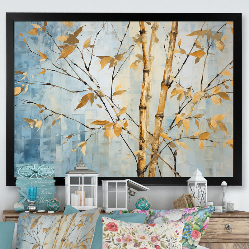 " Gold And Blue Bamboo V ", 24" H x 32" W x 1" D, Black Picture Framed