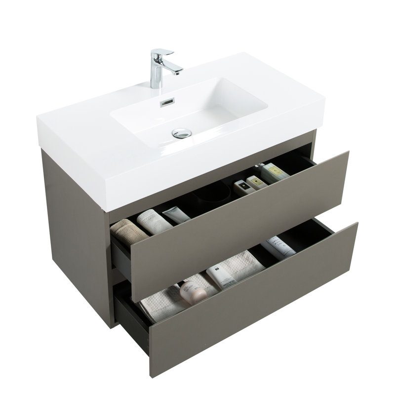 Meuble-lavabo gris avec lavabo - Évaluation murale moderne, amplificateur de rangement à double tiroir, moteur silencieux, poignée sophistiquée - armoire spacieuse de 36 po, glissières et conception élégante