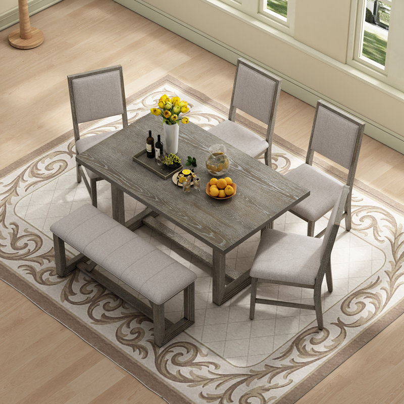 6-Piece Retro Dining Set, 1 Rectangular Table with 4 Upholstered Chairs and 1 Bench, Grey