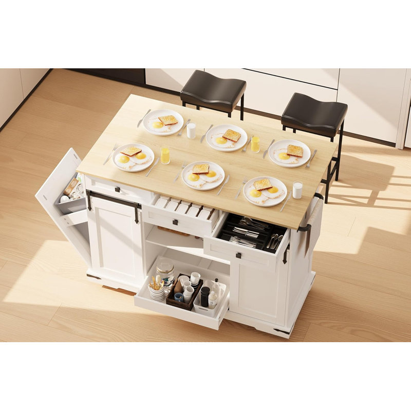 Large Rolling Kitchen Island Cart with Power Outlet, 3 Drawers, Drop Leaf, Trash Can Storage, Spice Rack & Towel Rack, 54" Mobile Table