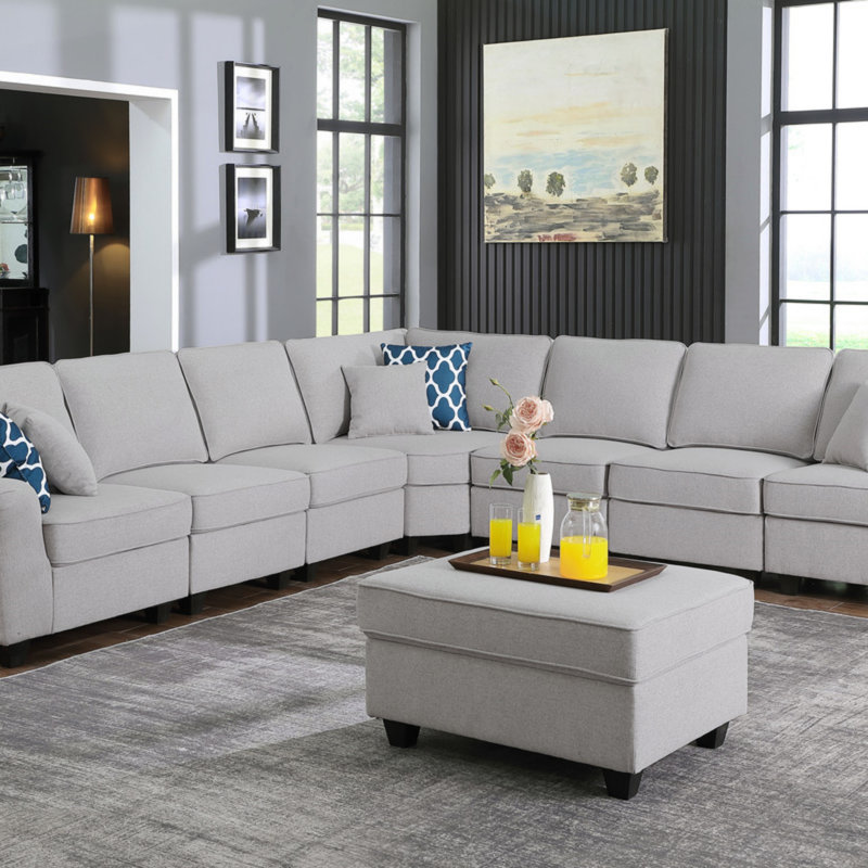 Linen 8Pc Modular L-Shape Sectional Sofa And Ottoman