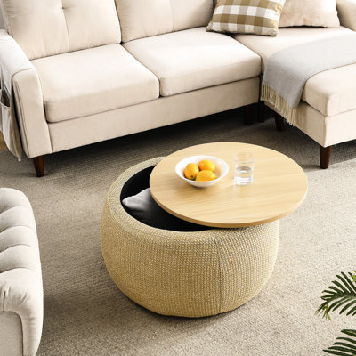 Rangement rond - naturel, 2 en 1 pour table de bout et, fait à la main avec revêtement en plastique, pieds de 15 mm, 25,5 po x 25,5 po x 14,5 po, capacité de 250 lb, aucun assemblage requis